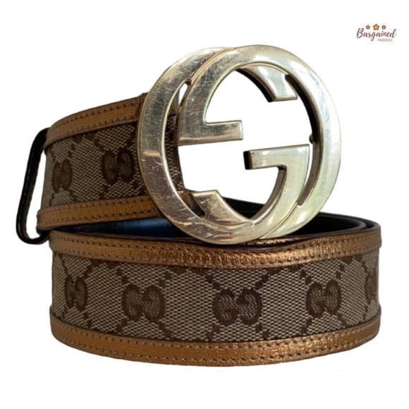 Authentic Gucci Bronze Monogram Canvas Leather Interlocking G Buckle Belt 80/32 - Picture 1 of 12